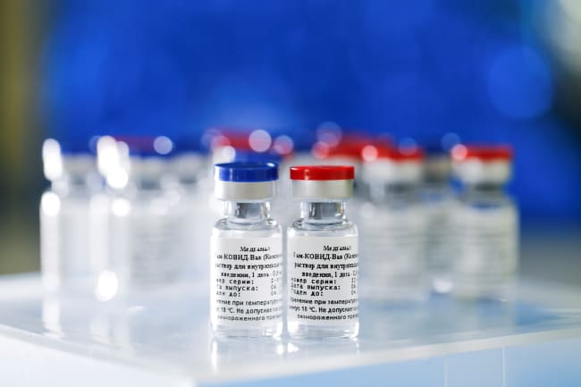 Is this the stuff vaccines are made of? This publicity photo shows two samples of a vaccine against COVID-19, capped in Russian colors, at the Gamaleya Research Institute in Moscow on August 6, 2020. Picture shows two vials, one with a red cap and one with a blue. REUTERS/Russian Direct Investment Fund