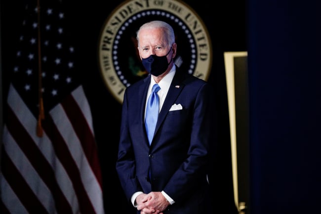 U.S. President Joe Biden attends an event where he announced administration plans to double its order of the single-shot Johnson & Johnson coronavirus vaccine, procuring an additional 100 million doses, in the South Court Auditorium at the White House in Washington, U.S., March 10, 2021.