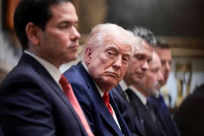 U.S. President Donald Trump, Secretary of State Marco Rubio and Defense Secretary Pete Hegseth attend a cabinet meeting at the White House, in Washington, DC, on October 9, 2025.