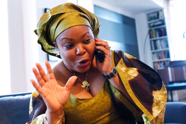 Nobel Peace Prize winner Leymah Gbowee on a phone in New York on October 7, 2011. The efforts of Gbowee and other women to peace-building in Liberia was seen as critical to securing a lasting peace. The photo shows the nobel laureate in great spirits talking on the phone. REUTERS/Shannon Stapleton 