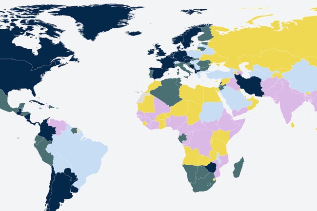 Image shows a map of the world color coded according to percent of government spending on health in 2017. 