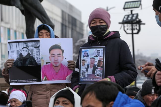 In Almaty, Kazakhstan, people hold a rally in memory of victims of the recent country-wide unrest triggered by fuel price increase, on February 13, 2022.