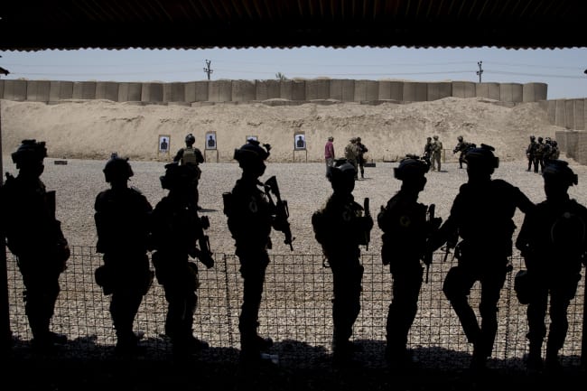 Members of the Iraqi military train at the Counter Terrorism Service training location, as observed by U.S. Defense Secretary Ash Carter in Baghdad