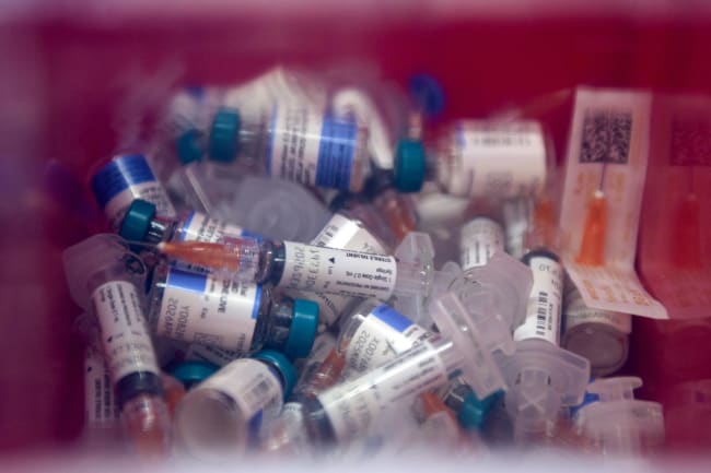 Used MMR vaccines are pictured in a sharps container at the City of Lubbock Health Department, in Lubbock, Texas, on February 27, 2025.