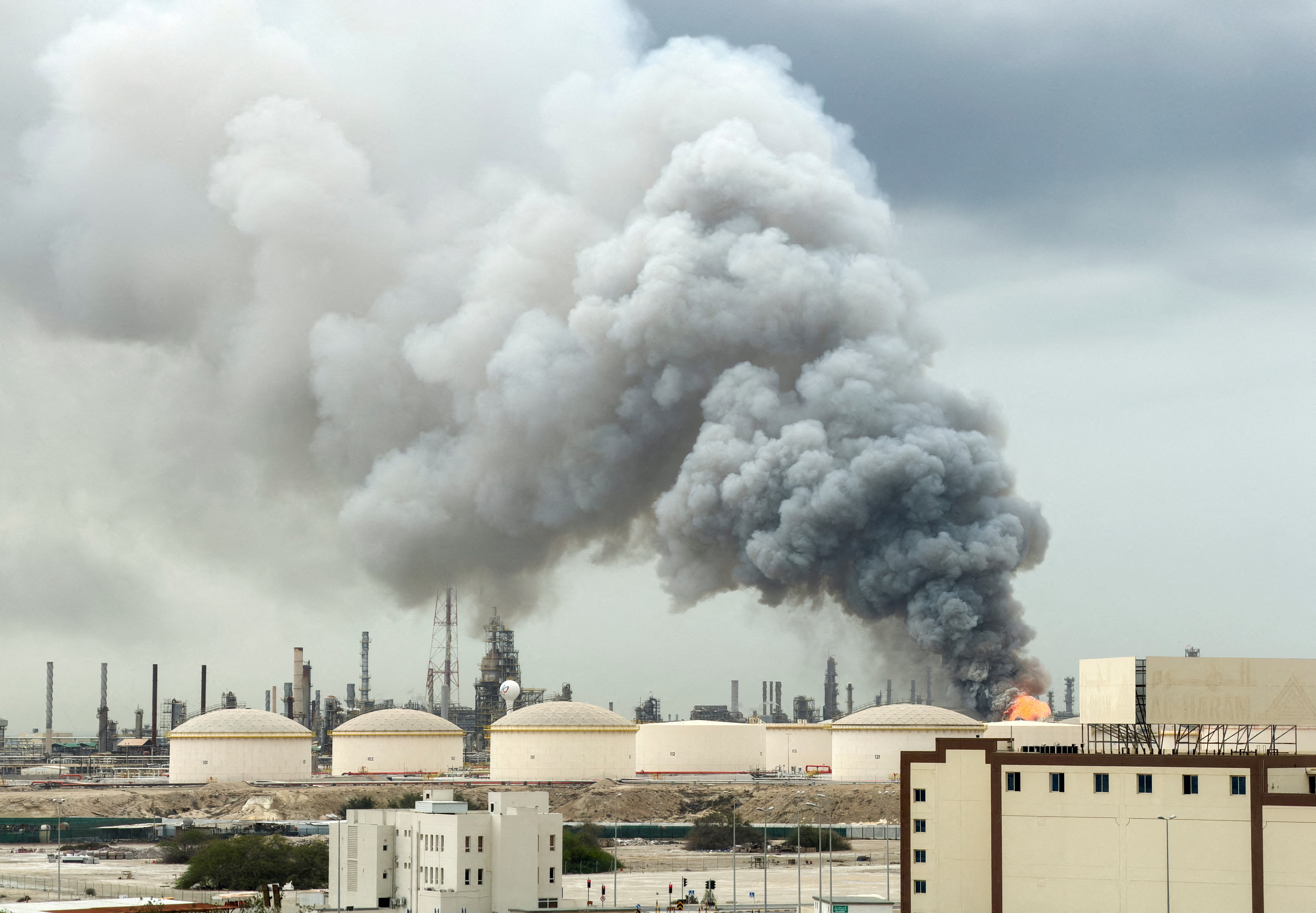 Smoke rises following a strike on the Bapco Oil Refinery, amid the U.S.-Israeli conflict with Iran, on Sitra Island Bahrain, March 9, 2026.