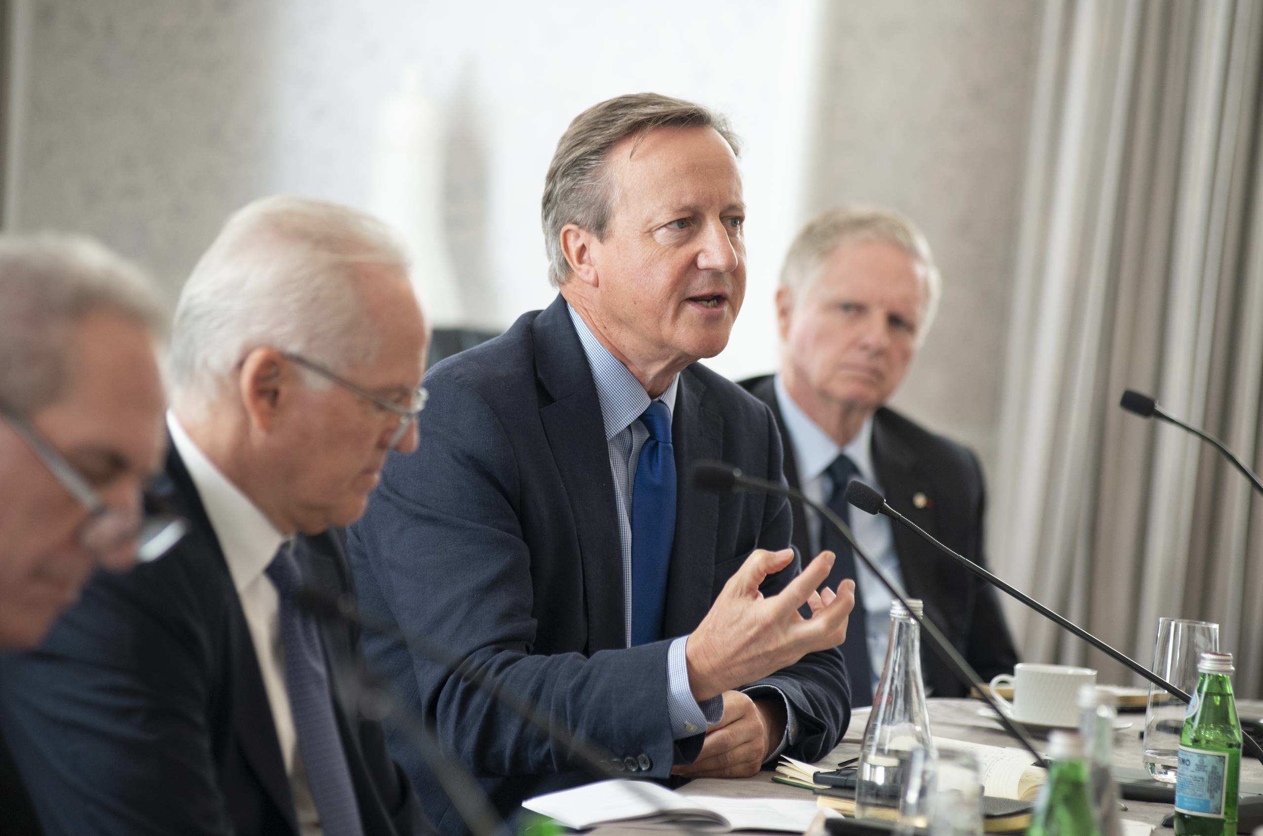 Former UK Prime Minister David Cameron participates in a working session at the 2025 Annual Meeting.