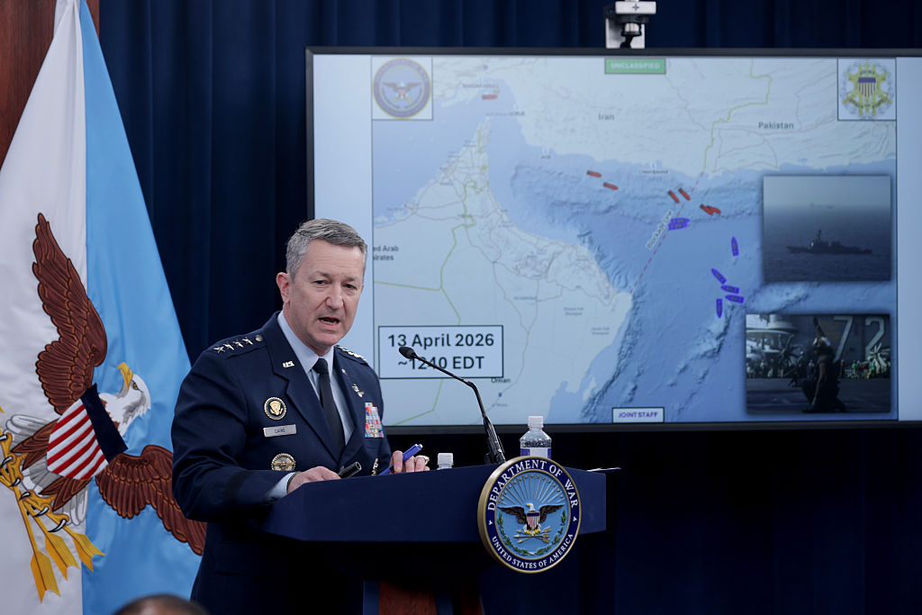 Chairman of the Joint Chiefs of Staff Gen. Dan Caine speaks as he displays a map showing the United States Navy's blockade of the Strait of Hormuz during a press briefing at the Pentagon on April 16, 2026 in Arlington, Virginia.