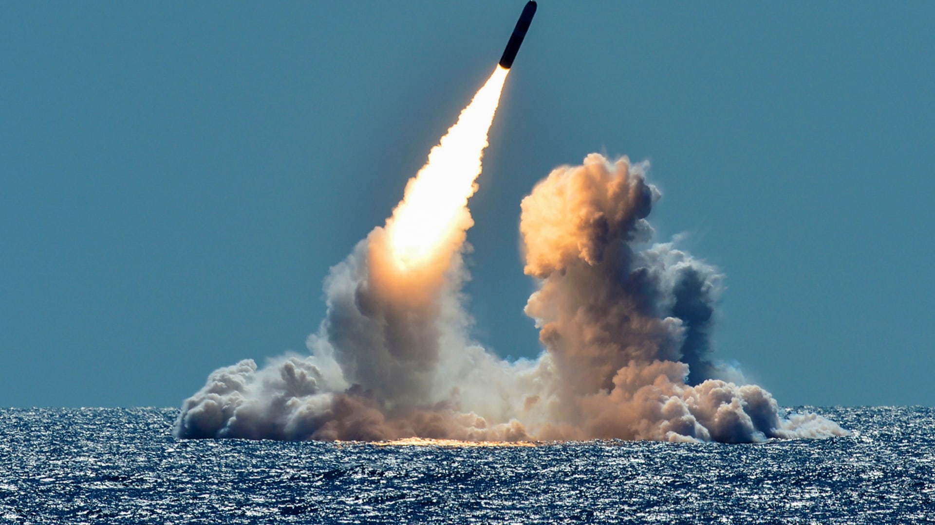 <p>An unarmed Trident II D5 missile is test launched from the U.S.S. Nebraska, an Ohio-class U.S. Navy ballistic missile submarine, off the coast of California in March 2018.</p>
