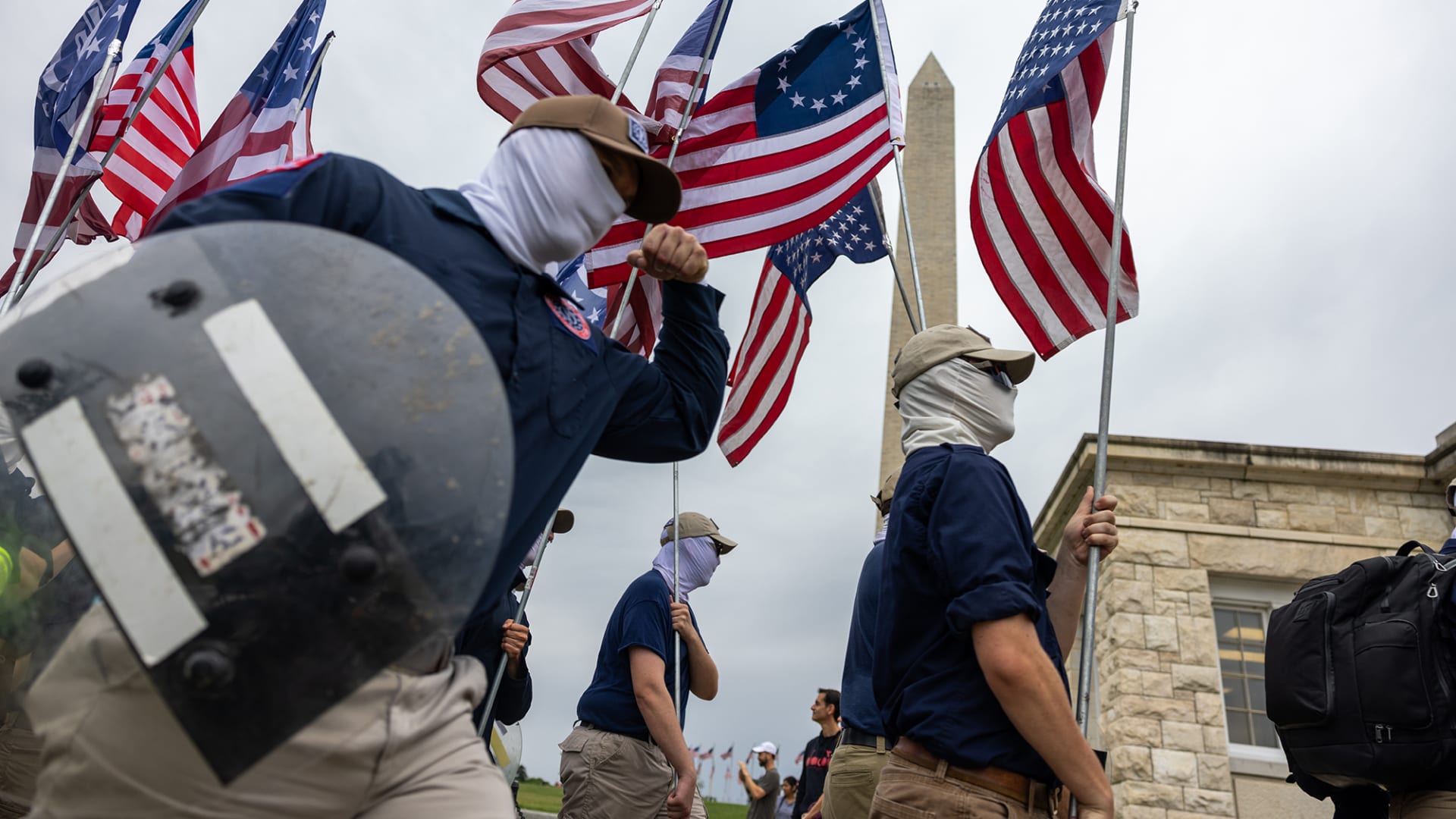 <p>Members of the far-right group Patriot Front march through Washington, DC, on May 13, 2023.</p>
