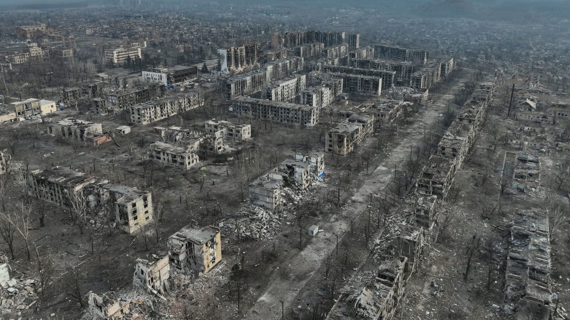 <p>A drone image shows residential and administrative buildings destroyed by Russian air strikes in Toretsk, Ukraine.</p>

