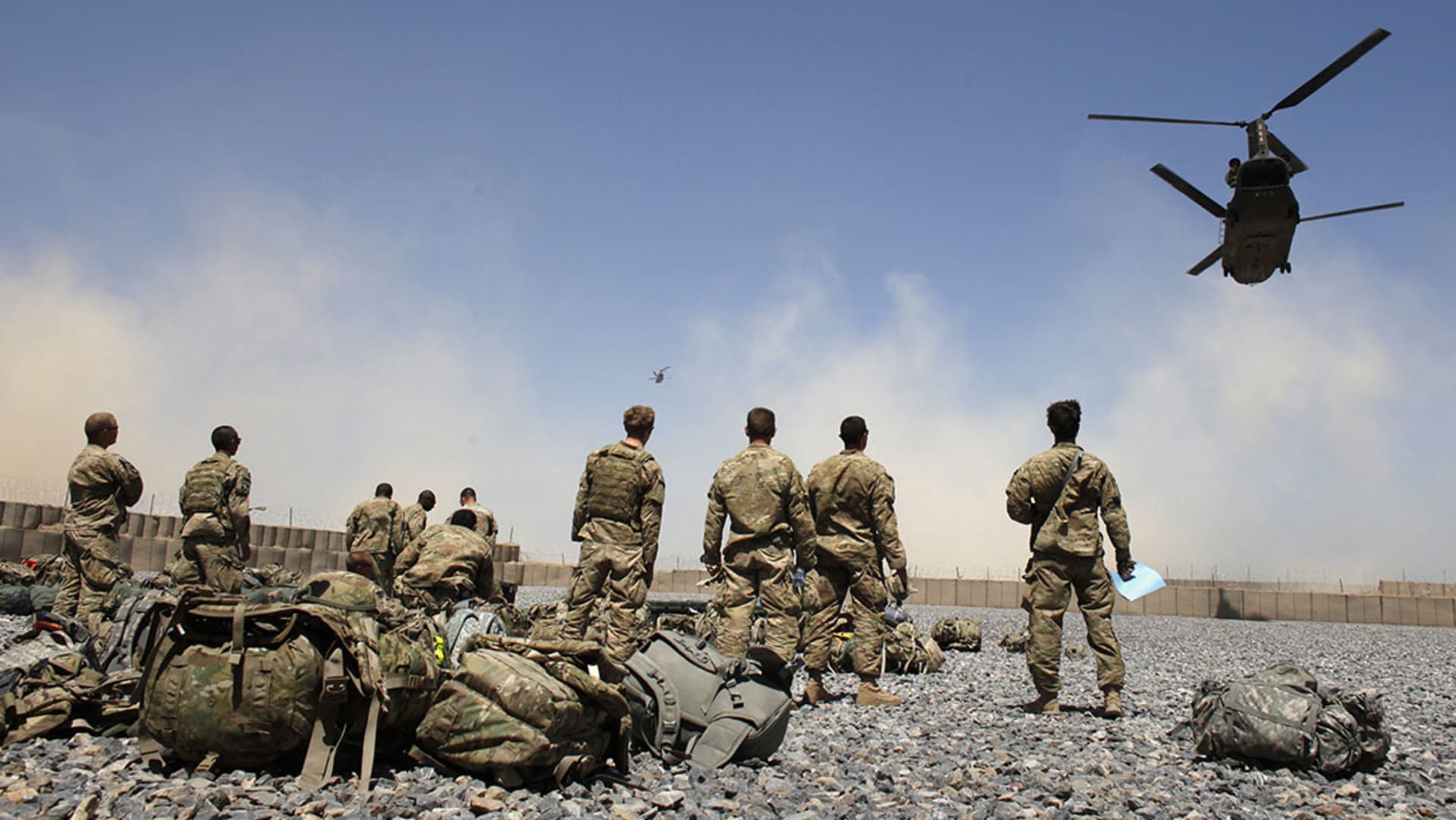 Helicopters carrying U.S. Army soldiers take off from Combat Outpost Terra Nova in the Arghandab Valley north of Kandahar. 
