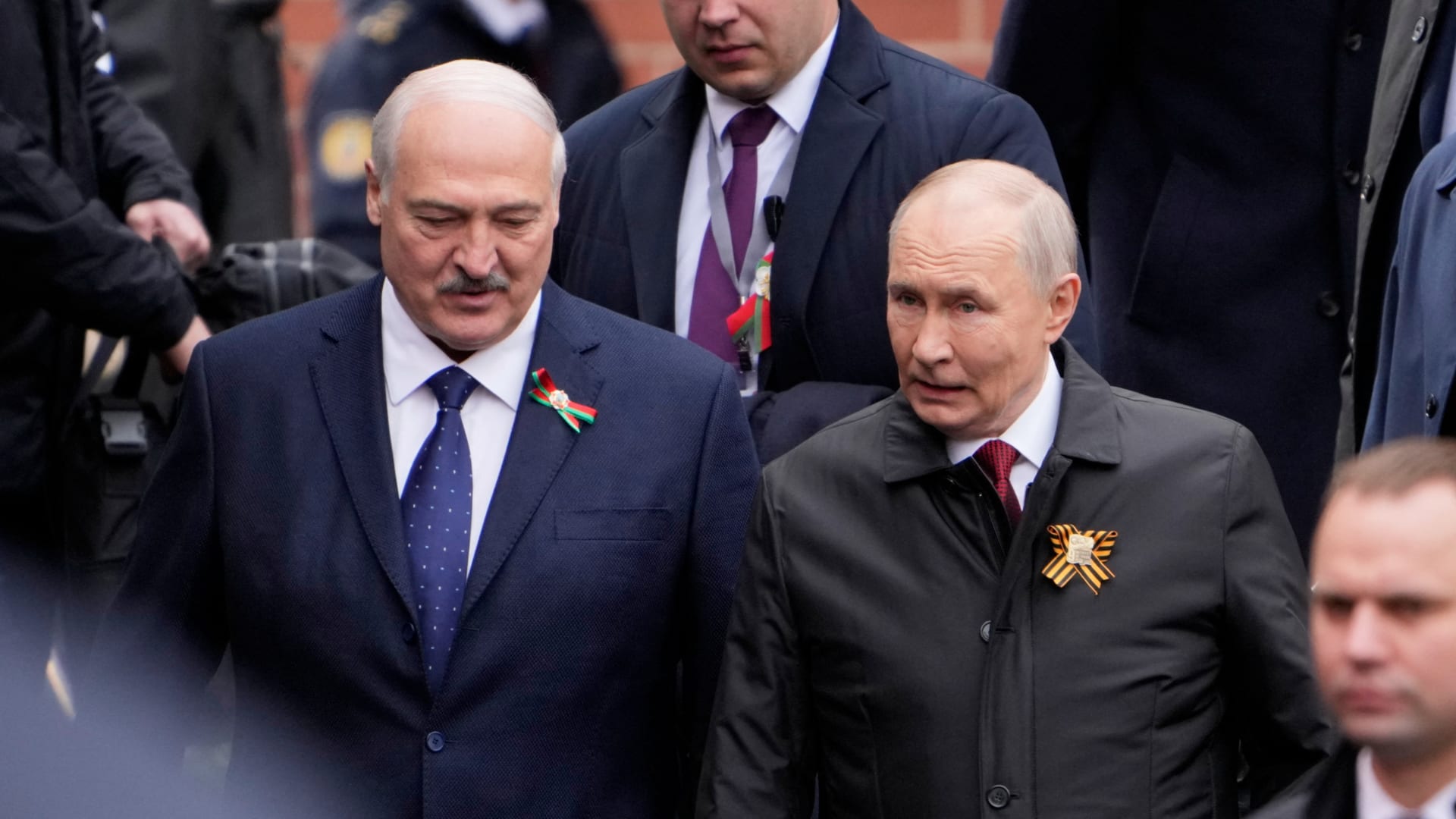 <p>Belarusian President Alexander Lukashenko and Russian President Vladimir Putin attend the Victory Day military parade in Moscow on May 9, 2025.</p>
