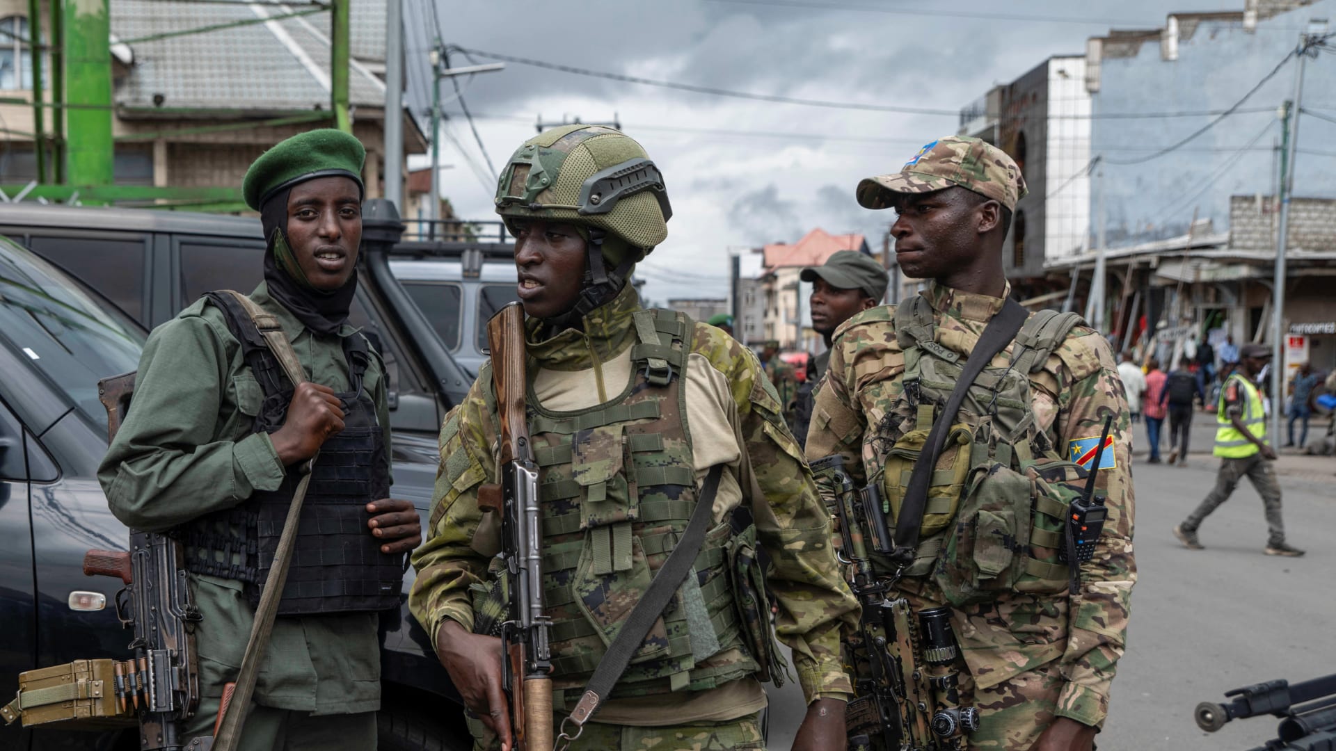 Members of the March 23 Movement rebel group attend the April 2025 opening ceremony of a bank that had been closed since the group’s takeover of Goma, Democratic Republic of Congo, in January 2025.