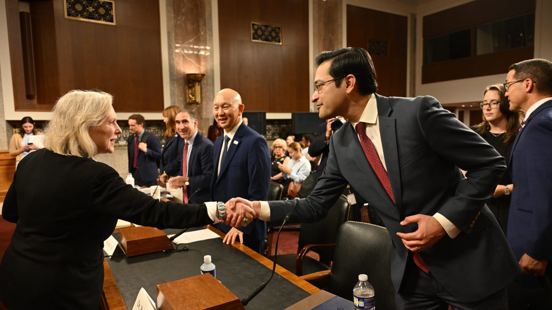 Dr. Doshi and Senator Gillibrand at the Senate Special Committee on Aging hearing titled "Behind the Label: Foreign Ownership and Control in America's Drug Supply Chain."