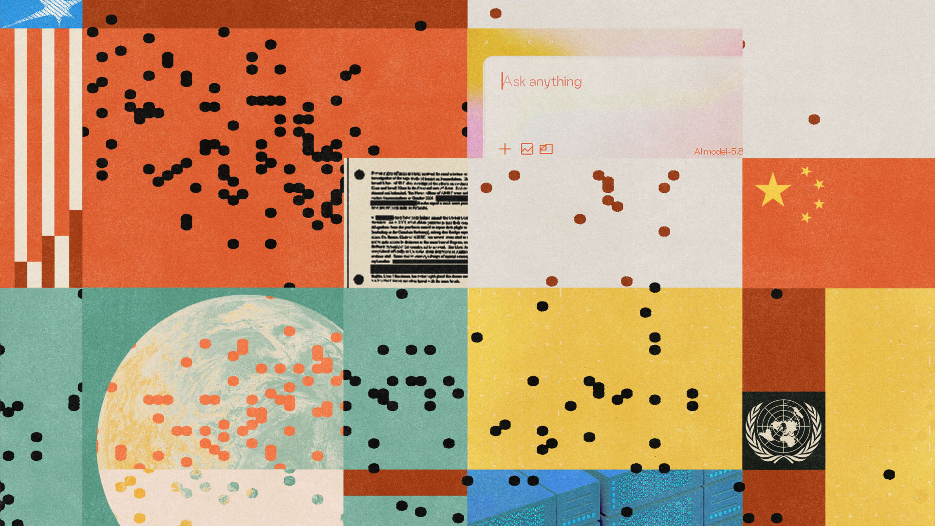 Collage of the four worlds mentioned here, with the 2x2 scatterplot results from the survey overlayed