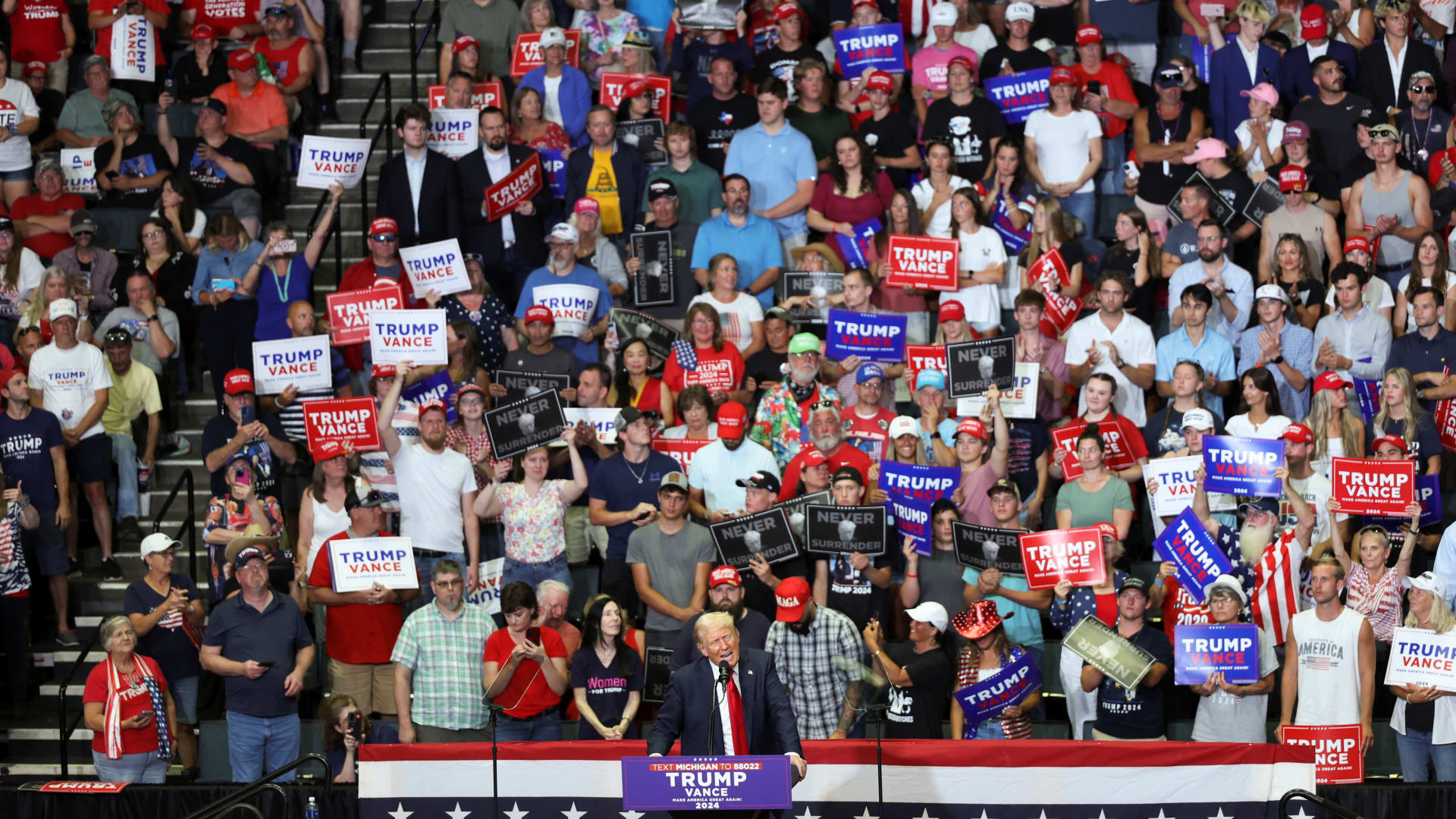 <p>Republican presidential nominee Donald Trump leads a campaign rally in Grand Rapids, Michigan, on July 20, 2024.</p>
