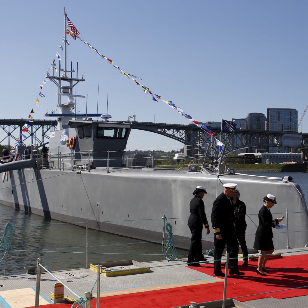 <p>The autonomous ship “Sea Hunter” docked after its christening ceremony in Portland, Oregon, April 7, 2016.</p>
