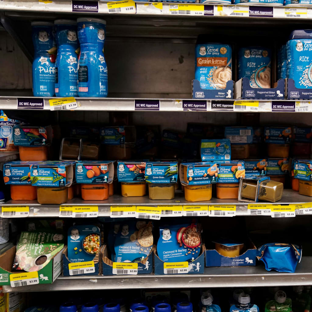 <p>Baby food is on display at Best World Supermarket in the Mount Pleasant neighborhood of Washington, D.C., U.S.</p>
