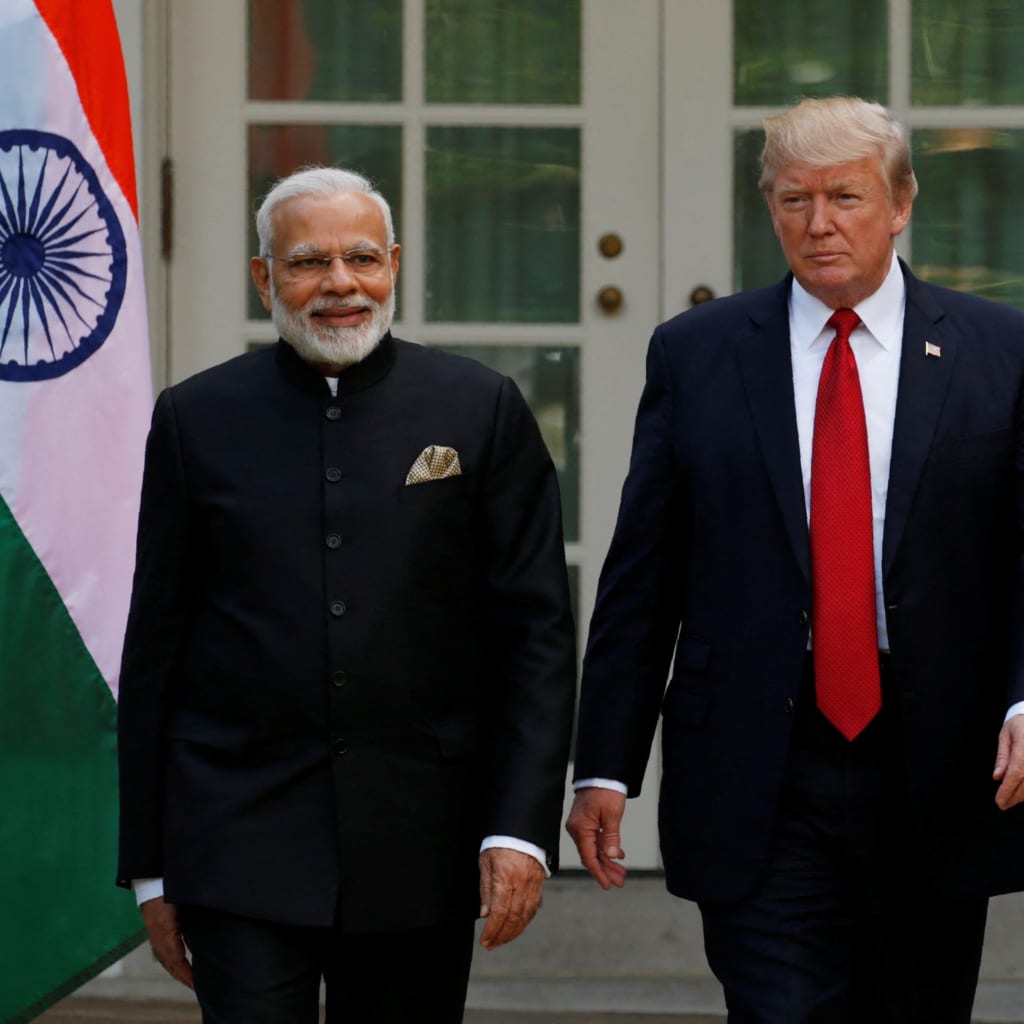 <p>U.S. President Donald Trump (R) arrives for a joint news conference with Indian Prime Minister Narendra Modi in the Rose Garden of the White House in Washington, U.S., June 26, 2017.</p>
