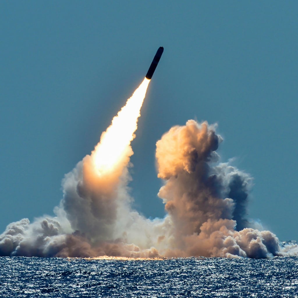 <p>An unarmed Trident II D5 missile is test launched from the U.S.S. Nebraska, an Ohio-class U.S. Navy ballistic missile submarine, off the coast of California in March 2018.</p>
