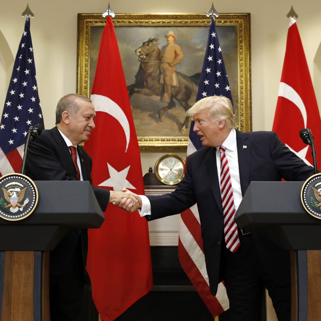 <p>Turkish President Recep Tayyip Erdogan shakes hands with U.S. President Donald J. Trump in the Roosevelt Room of the White House, Washington, DC, on May 16, 2017.</p>