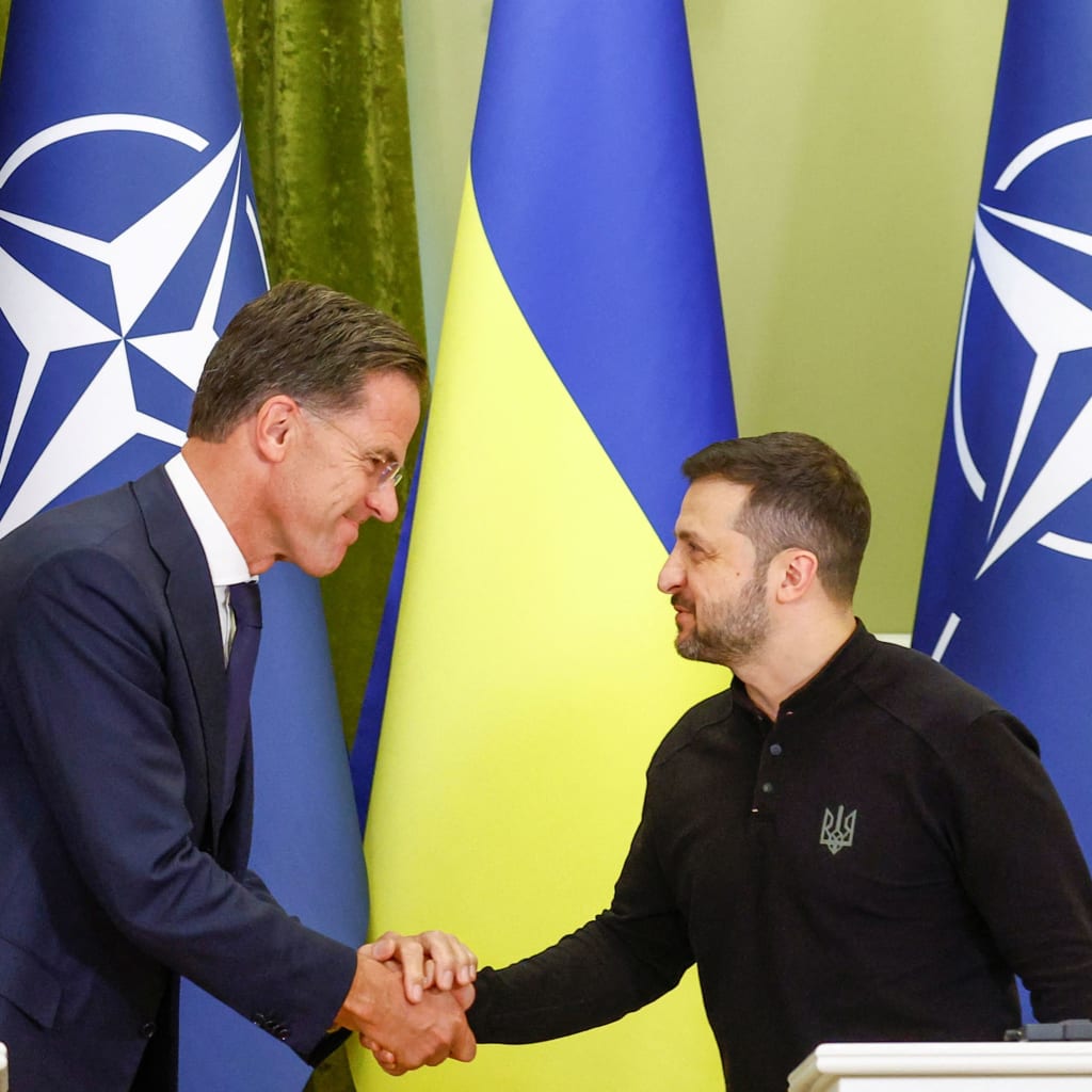 <p>Ukrainian President Volodymyr Zelenskyy and NATO Secretary General Mark Rutte shake hands during a press conference in Kyiv, Ukraine.</p>
