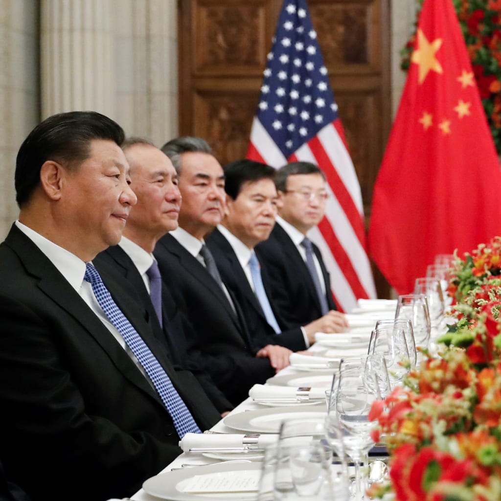 <p>Chinese President Xi Jinping attends a working dinner with U.S. President Donald Trump, Trump’s national security advisor John Bolton, after the Group of Twenty leaders summit in Buenos Aires, Argentina, on December 1, 2018.</p>