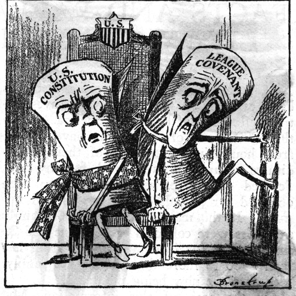 A political cartoon depicts the battle between the U.S. Constitution and the League of Nations. Bettmann/Corbis/Getty Images