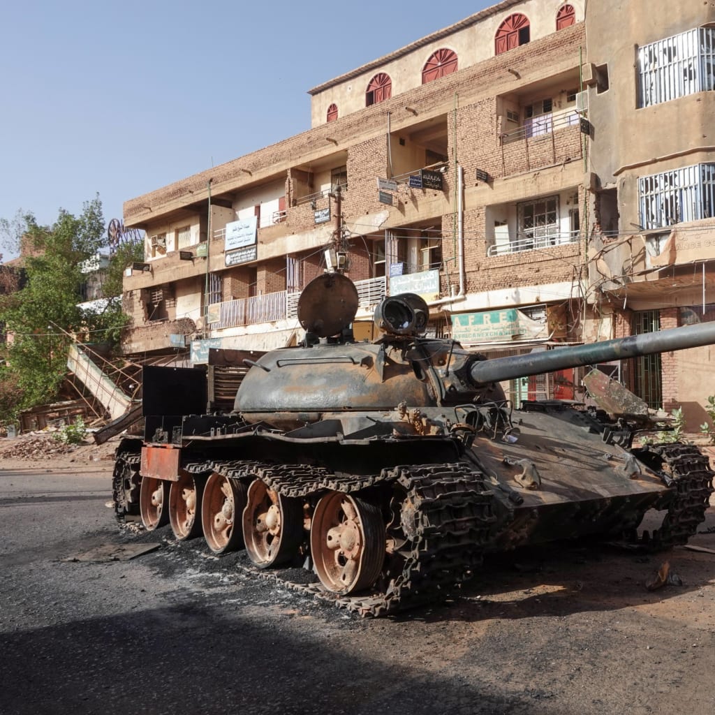 <p>A damaged tank in Omdurman, Sudan, on April 7, 2024.</p>
