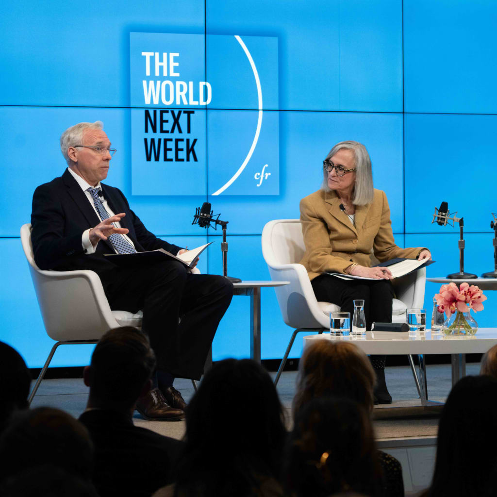 <p>Robert McMahon (left), Carla Anne Robbins (center), and Deborah Amos (right) record a live taping of The World Next Week podcast at the Council on Foreign Relations in New York City on January 21, 2025. </p>
