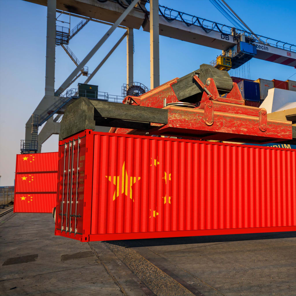 <p>Chinese shipping containers being unloaded at a port.</p>
