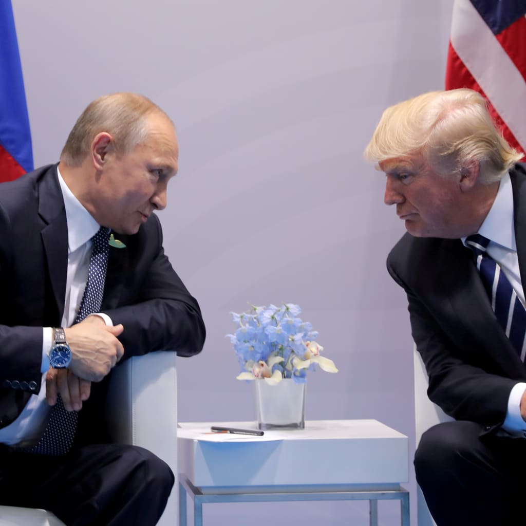 <p>President Trump speaks with Russian President, Vladimir Putin, during their bilateral meeting at the G20 summit in Hamburg, Germany, in 2017.</p>
