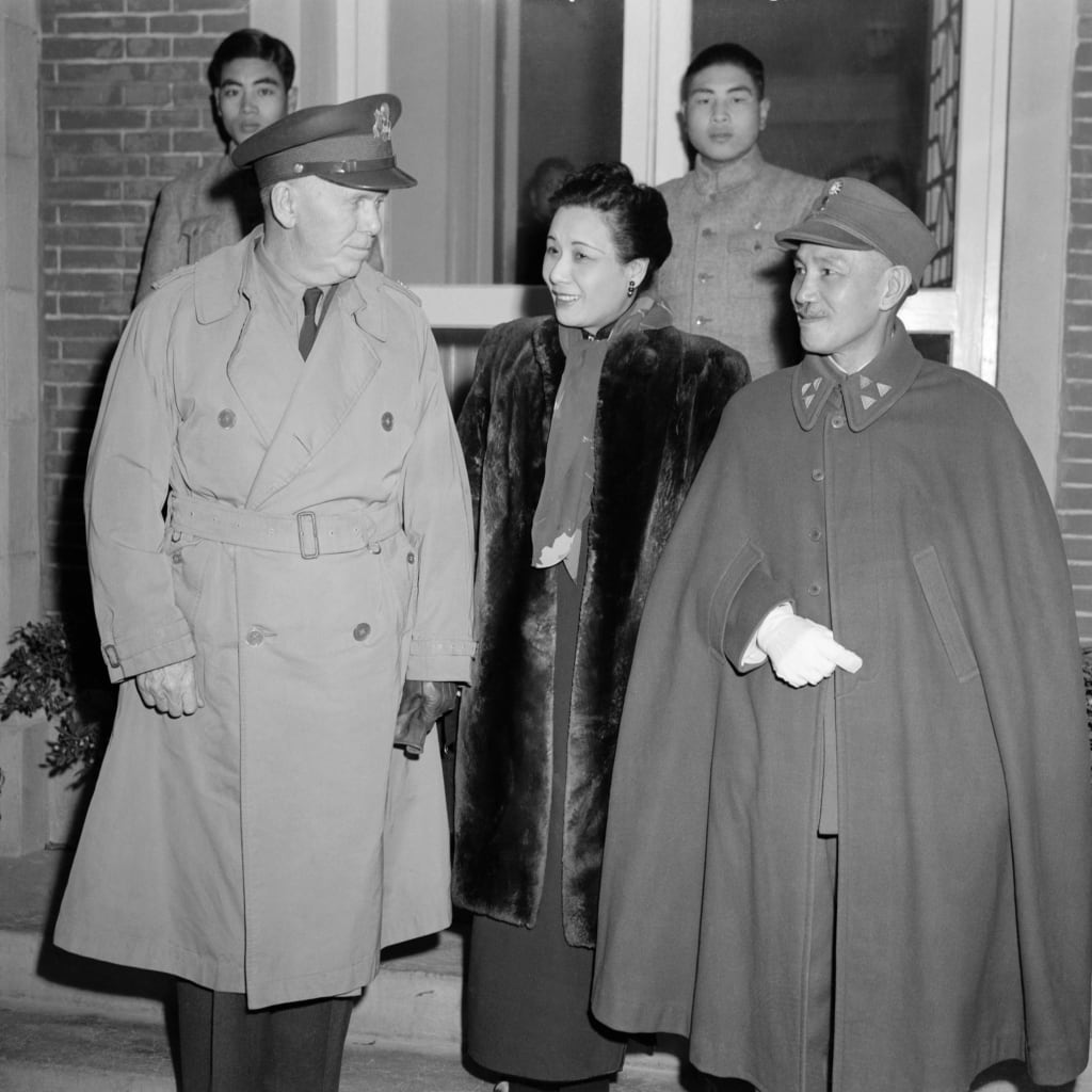 <p>General George C. Marshall meets with Generalissimo Chiang Kai-shek and his wife Soong in Nanking, China in 1943.</p>
