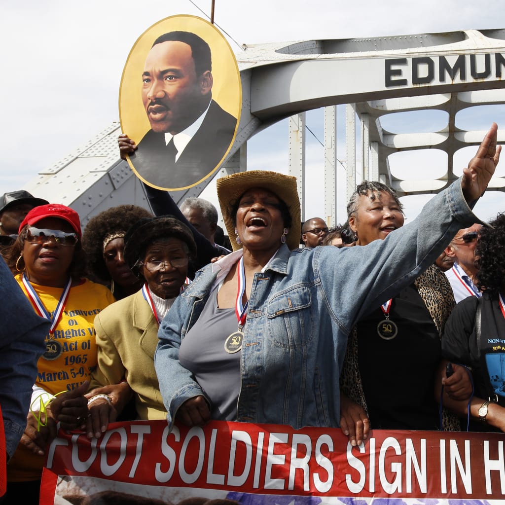 <p>Original “foot soldiers” at the Edmund Pettus Bridge in Selma, Alabama.</p>
