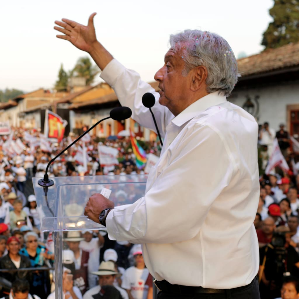 <p>Mexican presidential candidate Andres Manuel Lopez Obrador addressing supporters during a campaign rally in Mexico.</p>