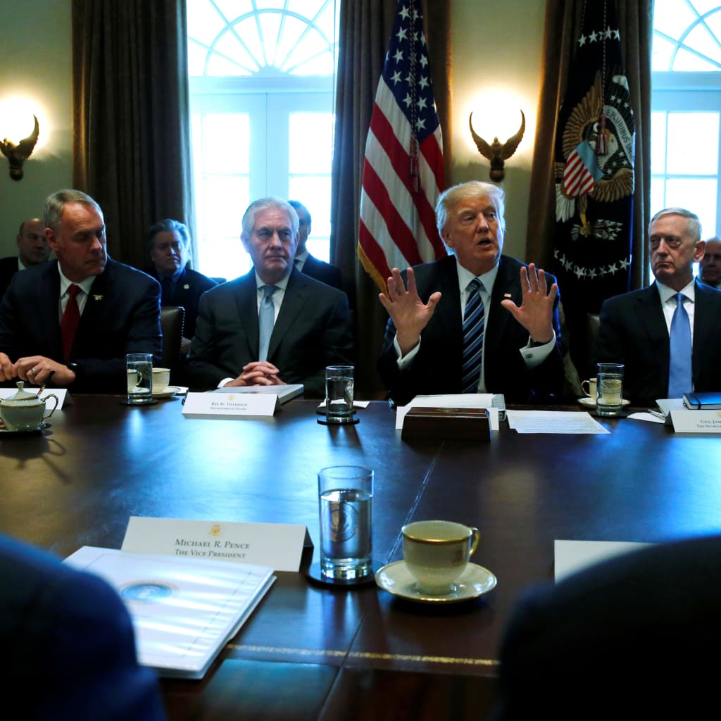 <p>U.S. President Donald J. Trump (C) holds a cabinet meeting at the White House on March 13, 2017.</p>
