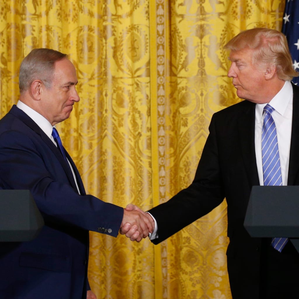 <p>U.S. President Trump greets Israeli Prime Minister Netanyahu after a joint news conference at the White House.</p>
