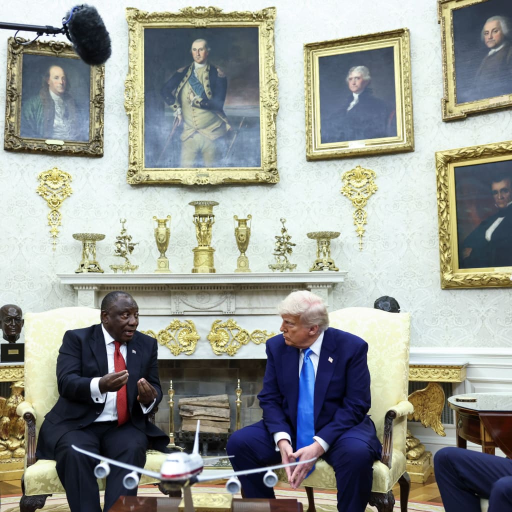 <p>U.S. President Donald Trump meets South African President Cyril Ramaphosa in the Oval Office on May 21, 2025. </p>
