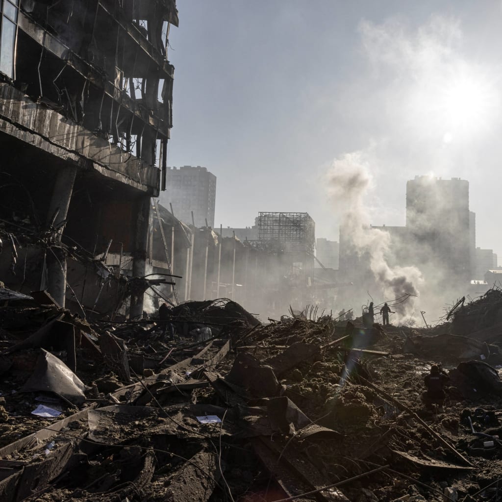 <p>General view of the site of a bombing at a shopping center as Russia’s invasion of Ukraine continues, in Kyiv, Ukraine March 21, 2022.</p>
