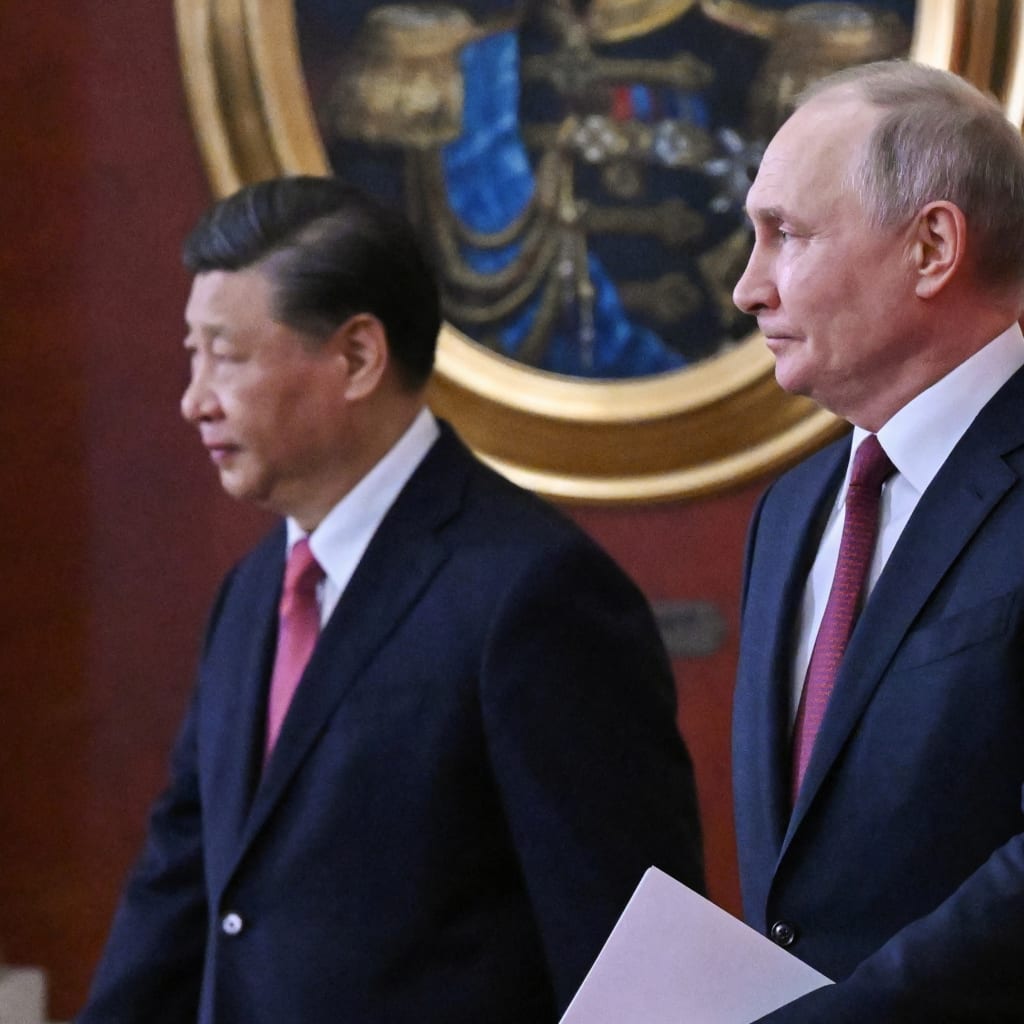 <p>Russian President Vladimir Putin and Chinese President Xi Jinping arrive for a signing ceremony at the Kremlin in Moscow, Russia on March 21, 2023.</p>

