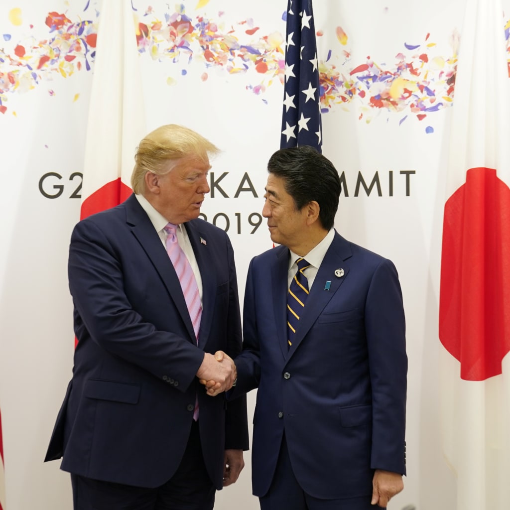 <p>U.S. President Donald Trump and Japanese Prime Minister Shinzo Abe during the G20 leaders summit in Osaka, Japan, on June 28, 2019.</p>

