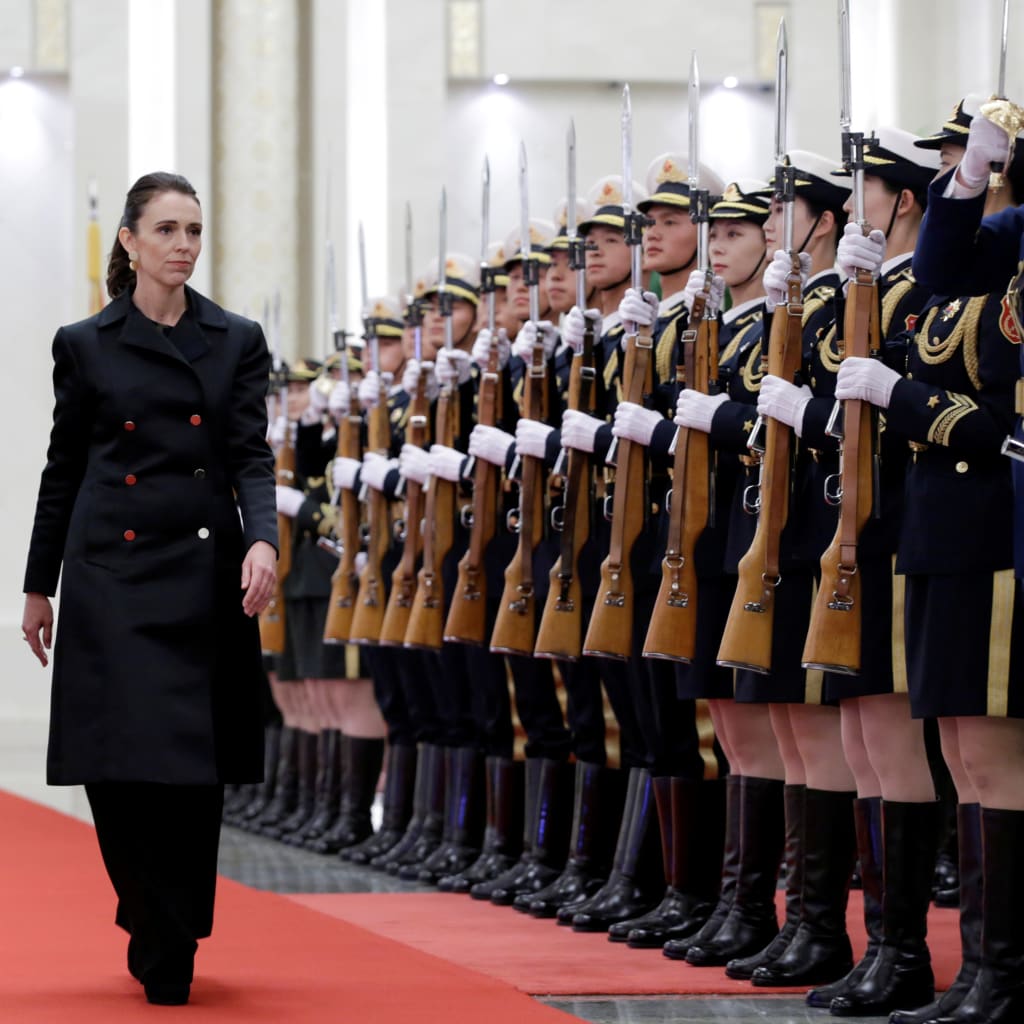 <p>New Zealand Prime Minister Jacinda Ardern and China’s Premier Li Keqiang attend a welcome ceremony at the Great Hall of the People in Beijing, China, April 1, 2019.</p>
