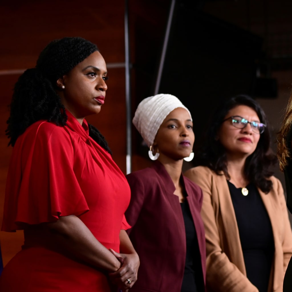 <p>Representatives Ayanna Pressley, Ilhan Omar, Rashida Tlaib, and Alexandria Ocasio-Cortez at a news conference.</p>
