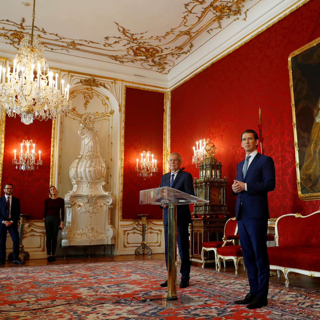 <p>Austrian Chancellor Sebastian Kurz and President Alexander Van der Bellen attend a news conference.</p>

