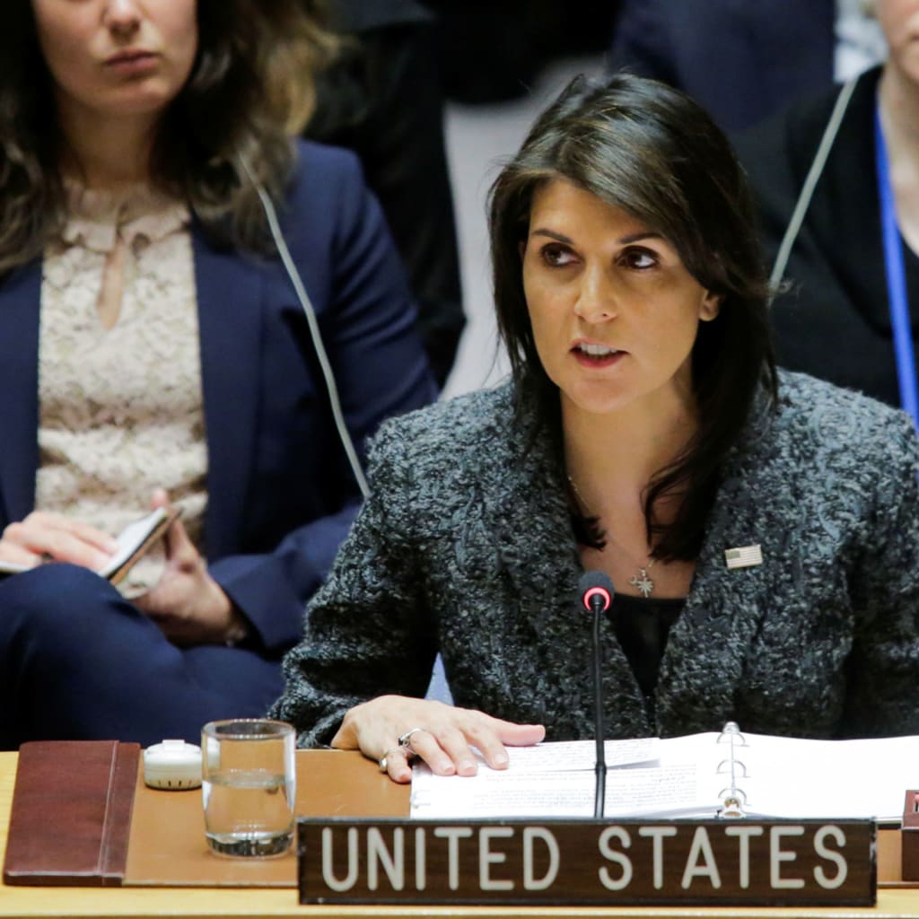 <p>U.S. Ambassador to the United Nations Nikki Haley speaks to members of the United Nations Security Council after voting for ceasefire to Syrian bombing in eastern Ghouta, at the United Nations headquarters in New York, U.S., February 24, 2018.</p>
