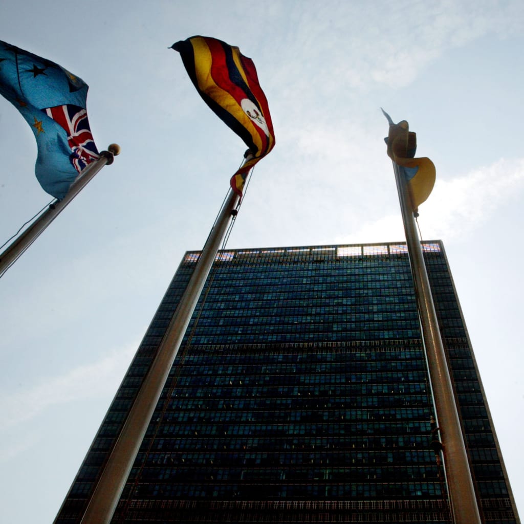 <p>Flags fly over United Nations Headquarters in New York City.</p>
