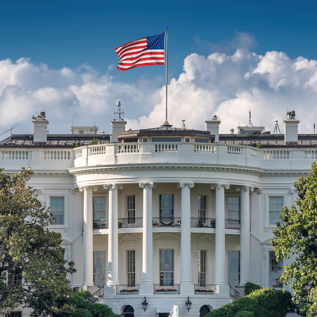 The White House—home of the president of the United States—is pictured on a summer day in Washington, DC.