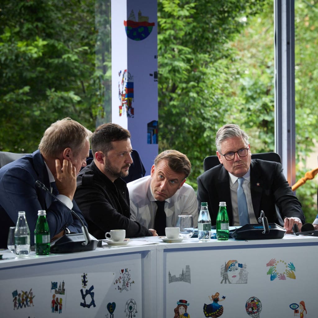 <p>Ukraine’s President Volodymyr Zelenskiy, Britain’s Prime Minister Keir Starmer, France’s President Emmanuel Macron, German Chancellor Friedrich Merz and Polish Prime Minister Donald Tusk speak with U.S. President Donald Trump via phone on May 16, 2025.</p>
