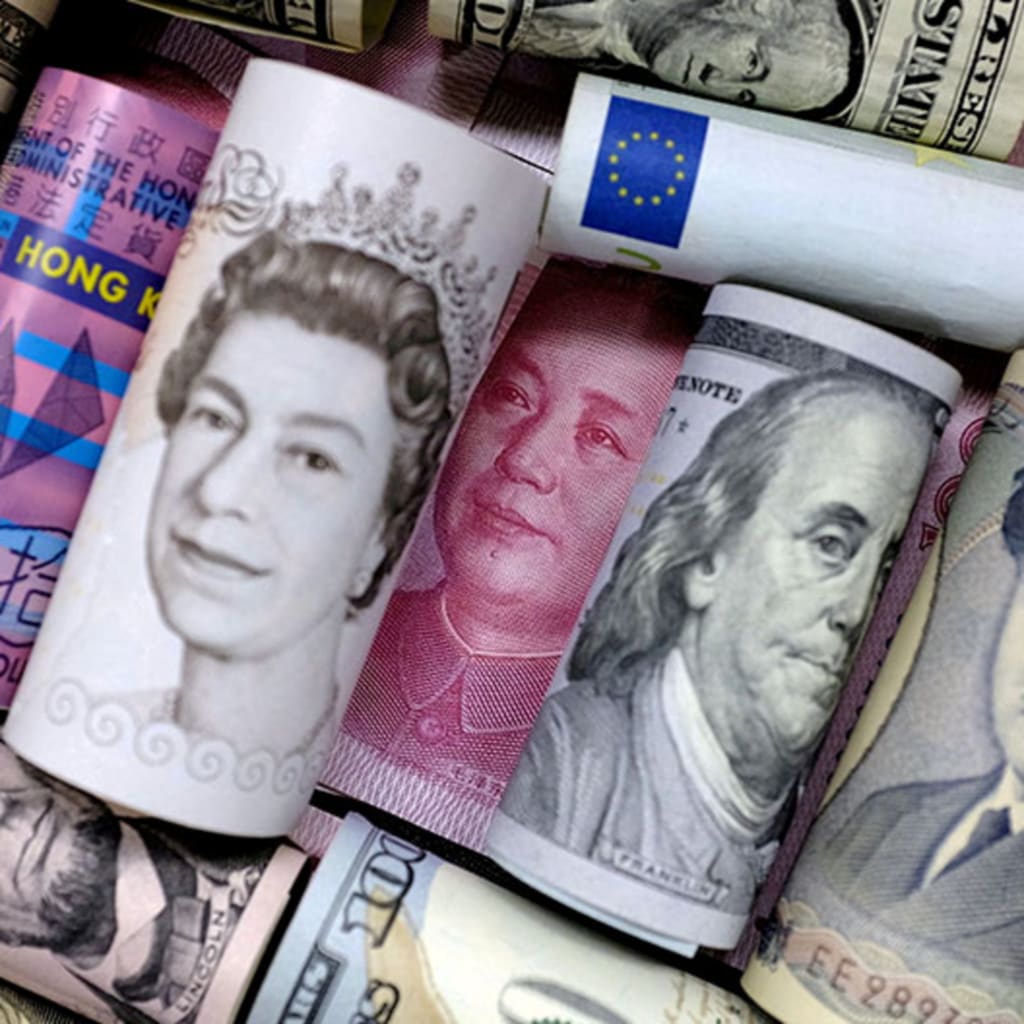 Euro, Hong Kong dollar, U.S. dollar, Japanese yen, pound and Chinese 100 yuan banknotes