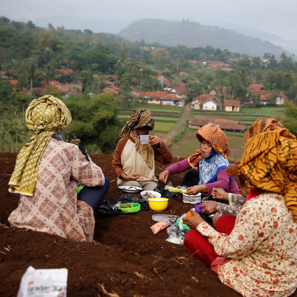 <p>Women workers eat lunch as they take a break from planting beans at Cikawao village in Majalaya, Indonesia, October 12, 2017.</p>
